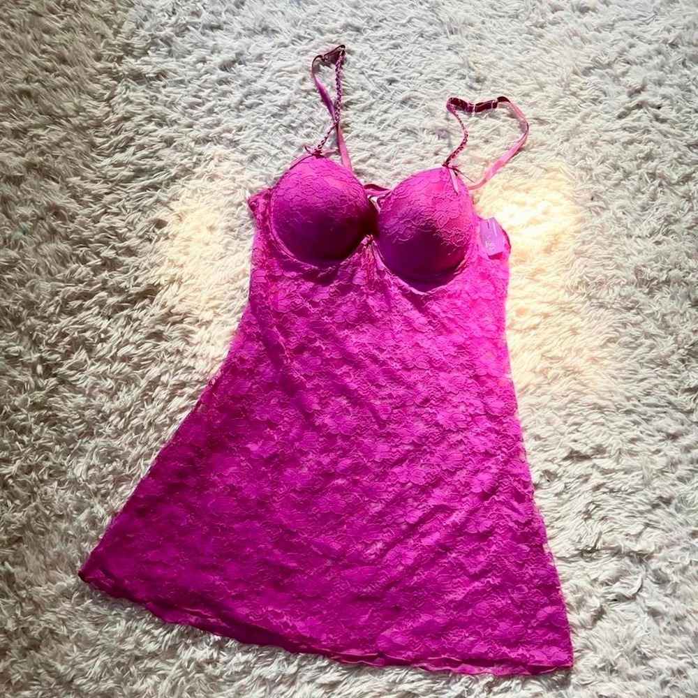 Vibrant Hot Pink Barbie Lace Trashy Y2K Lingerie Slip Dress Womens XL Babydoll